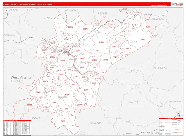 Charleston Metro Area ZIP Code Wall Map, RedLine style