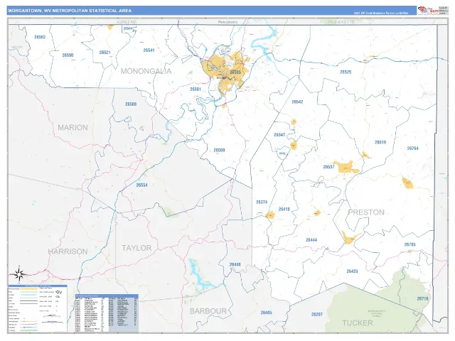Morgantown Metro Area ZIP Code Wall Map, Business Reference style
