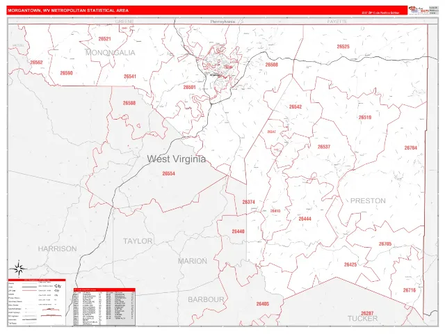 Morgantown Metro Area ZIP Code Wall Map, RedLine style
