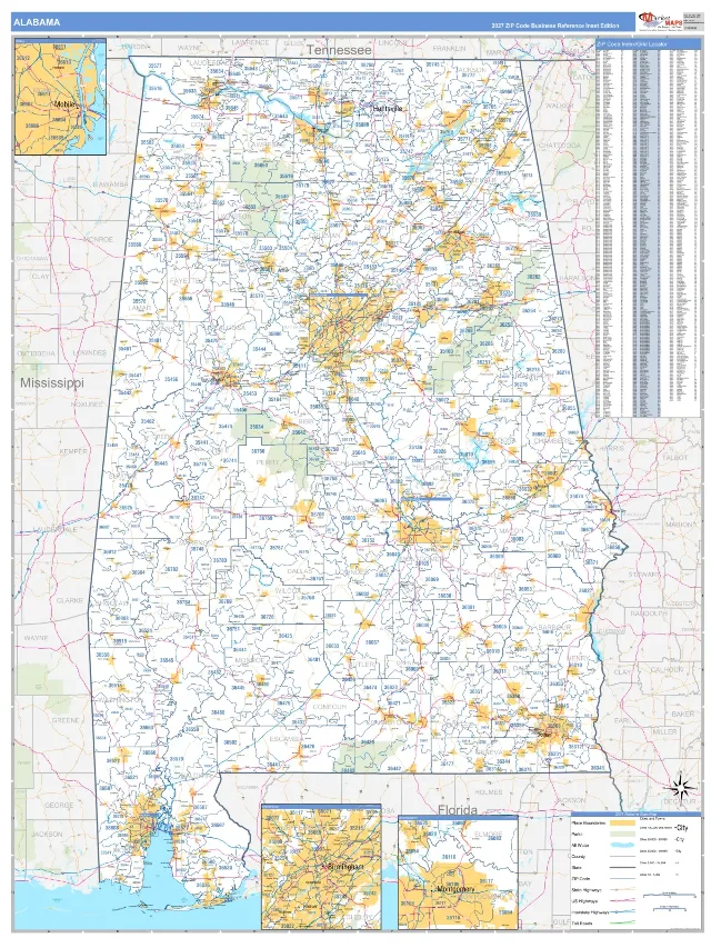 Alabama State ZIP Code Wall Map, Business Reference style