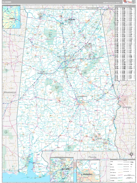 Alabama ZIP Code wall map in the Classic Style