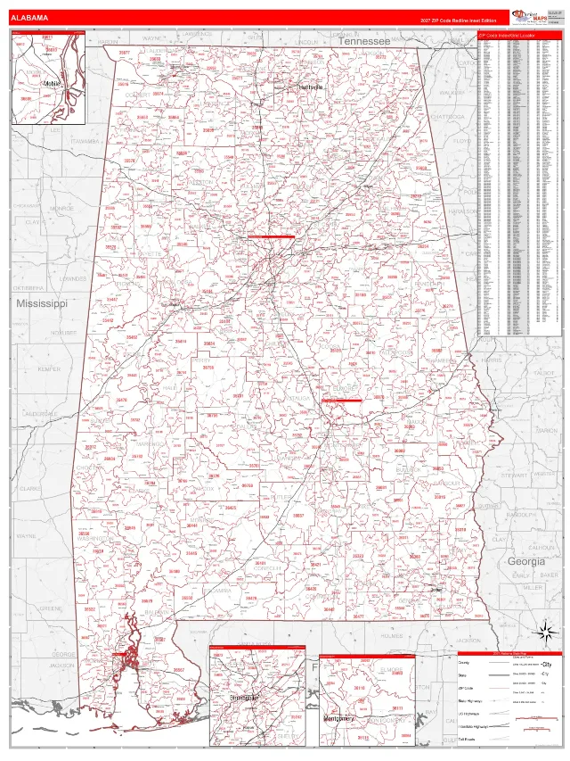 Alabama State ZIP Code Wall Map, RedLine style