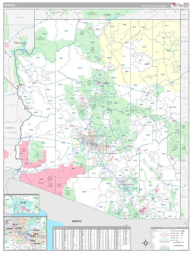 Arizona State ZIP Code Wall Map, Classic style