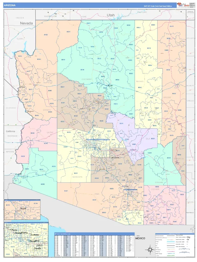 Arizona State ZIP Code Wall Map, ColorCast style