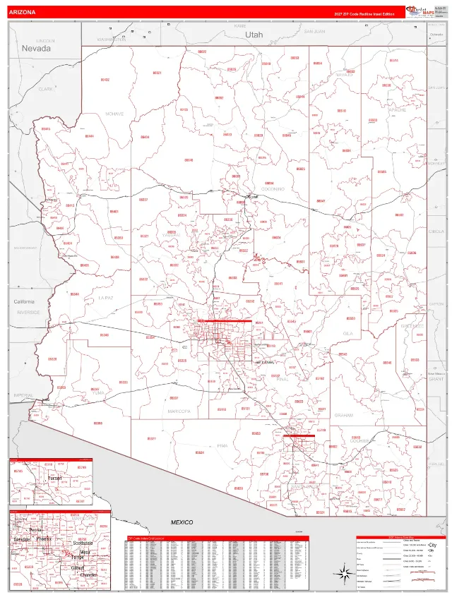 Arizona State ZIP Code Wall Map, RedLine style