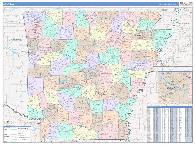 Arkansas State ZIP Code Wall Map, ColorCast style