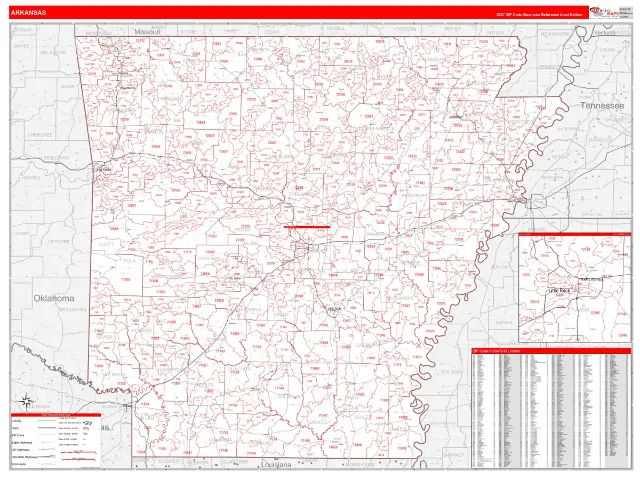 Arkansas State ZIP Code Wall Map, RedLine style