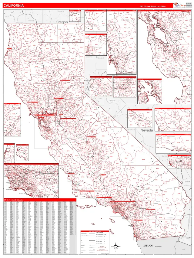 California State ZIP Code Wall Map, RedLine style