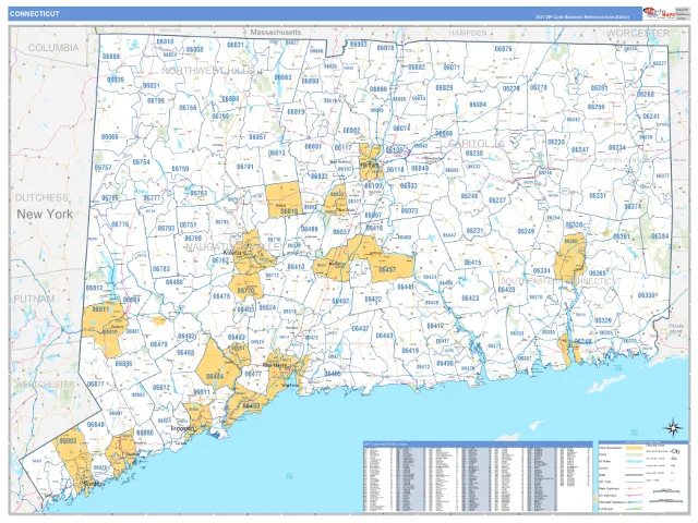 Connecticut State ZIP Code Wall Map, Business Reference style