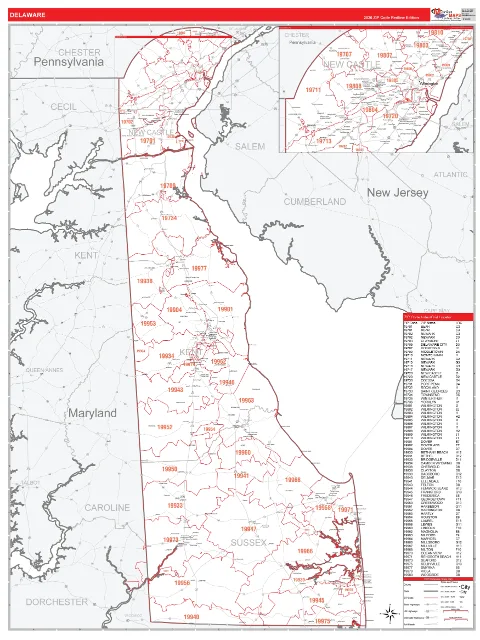 Delaware ZIP Code wall map in the RedLine Style