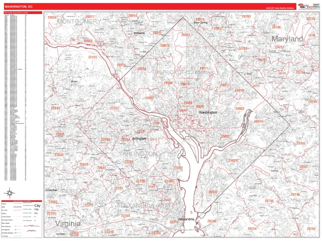 District of Columbia State ZIP Code Wall Map, RedLine style