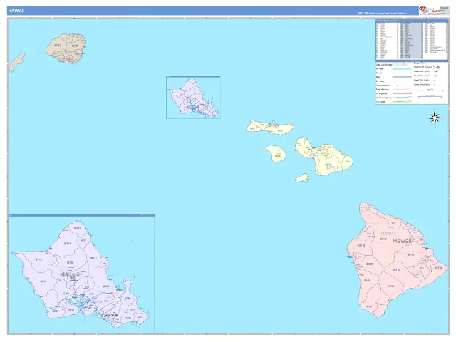 Hawaii State ZIP Code Wall Map, ColorCast style