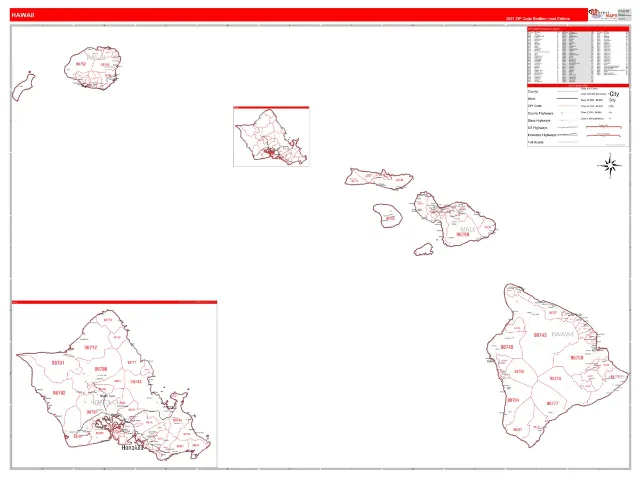 Hawaii State ZIP Code Wall Map, RedLine style