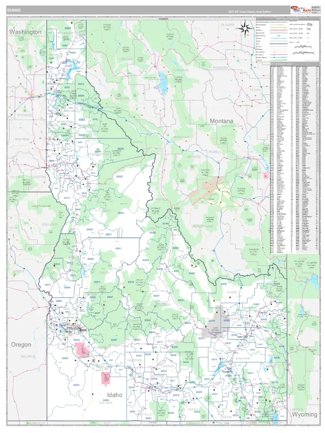 Idaho State ZIP Code Wall Map, Classic style