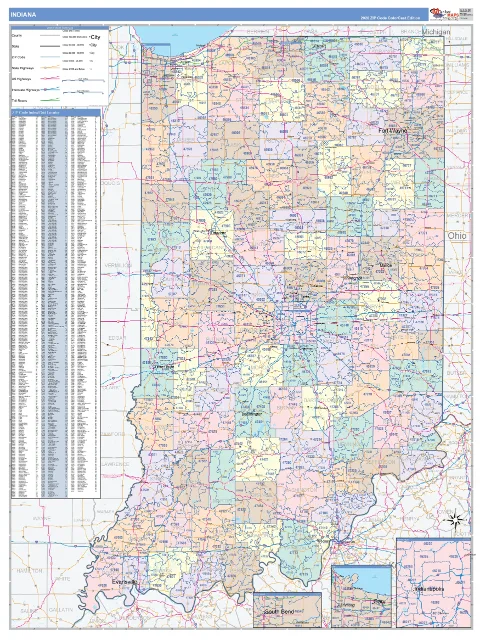 Indiana ZIP Code wall map in the ColorCast Style