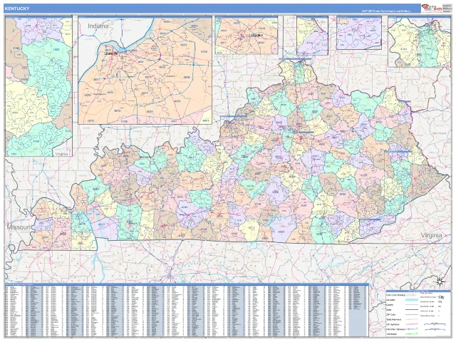 Kentucky State ZIP Code Wall Map, ColorCast style