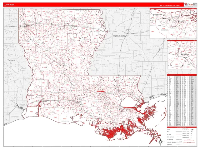 Louisiana State ZIP Code Wall Map, RedLine style