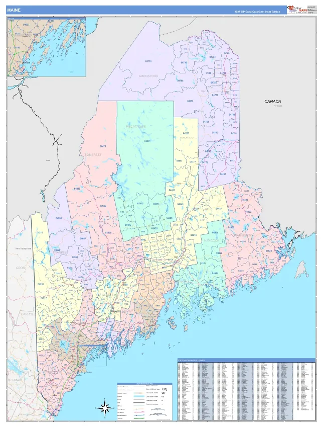 Maine State ZIP Code Wall Map, ColorCast style