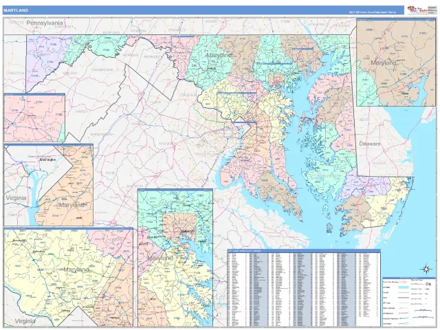 Maryland State ZIP Code Wall Map, ColorCast style
