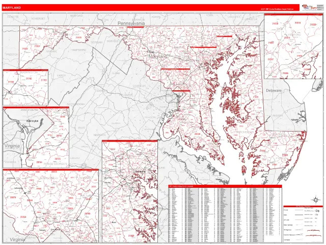 Maryland State ZIP Code Wall Map, RedLine style
