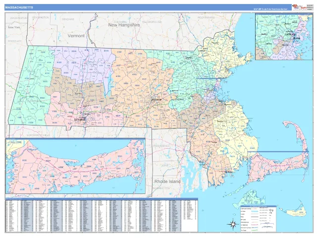 Massachusetts State ZIP Code Wall Map, ColorCast style