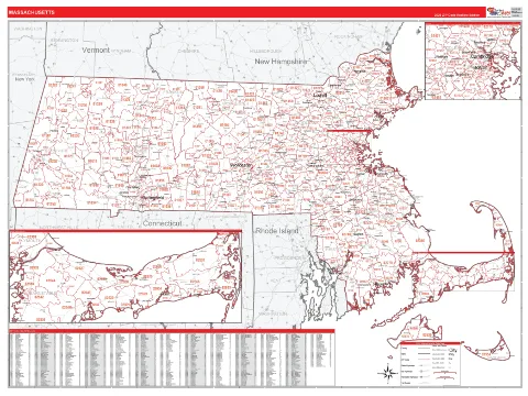 Massachusetts ZIP Code wall map in the RedLine Style