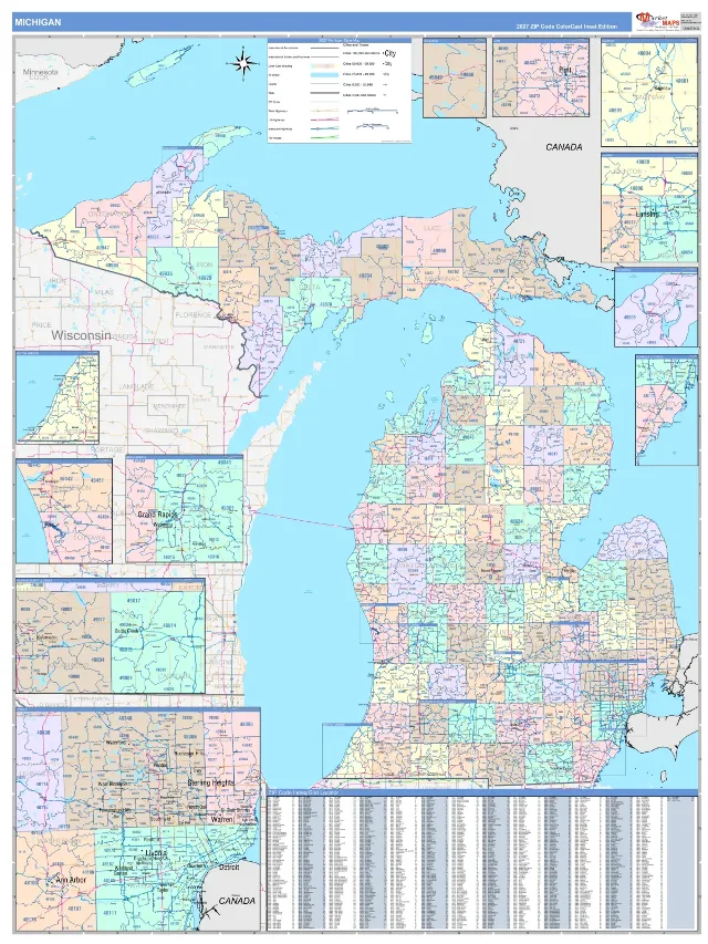 Michigan State ZIP Code Wall Map, ColorCast style