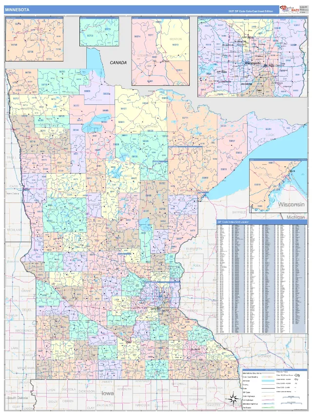 Minnesota State ZIP Code Wall Map, ColorCast style