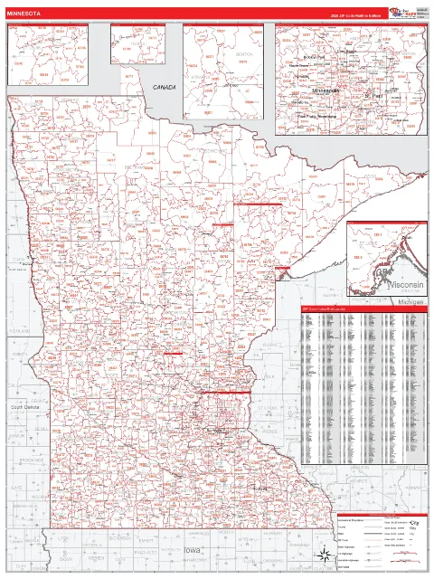 Minnesota ZIP Code wall map in the RedLine Style
