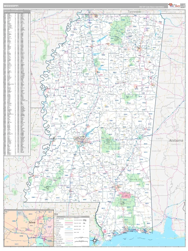 Mississippi State ZIP Code Wall Map, Classic style