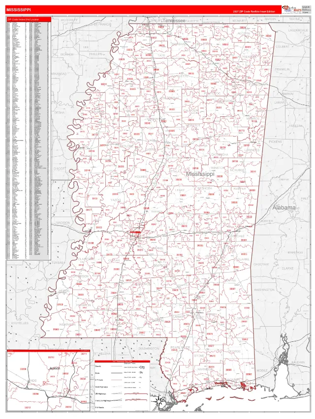 Mississippi State ZIP Code Wall Map, RedLine style