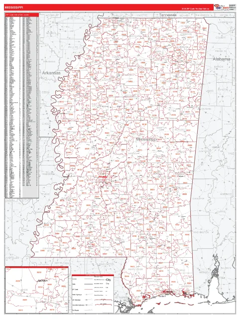 Mississippi ZIP Code wall map in the RedLine Style