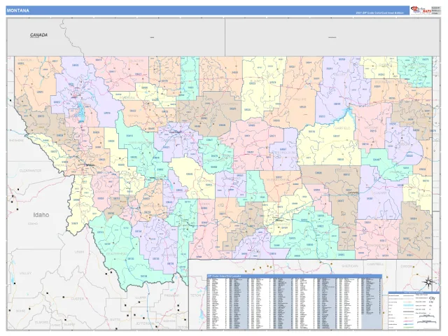 Montana State ZIP Code Wall Map, ColorCast style