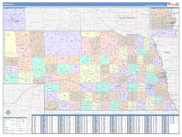 Nebraska State ZIP Code Wall Map, ColorCast style