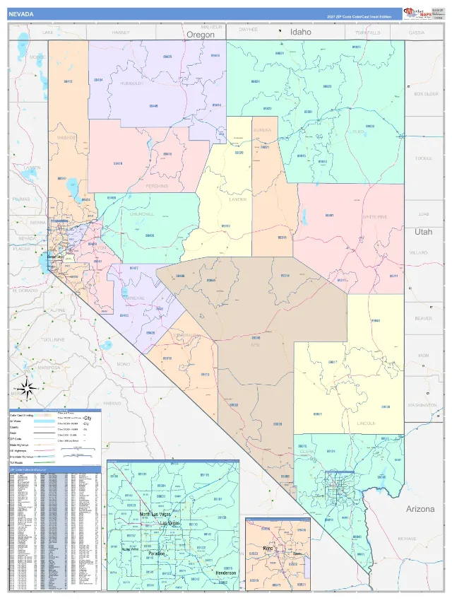 Nevada State ZIP Code Wall Map, ColorCast style