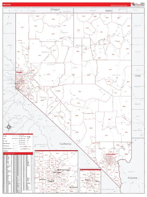 Nevada ZIP Code wall map in the RedLine Style