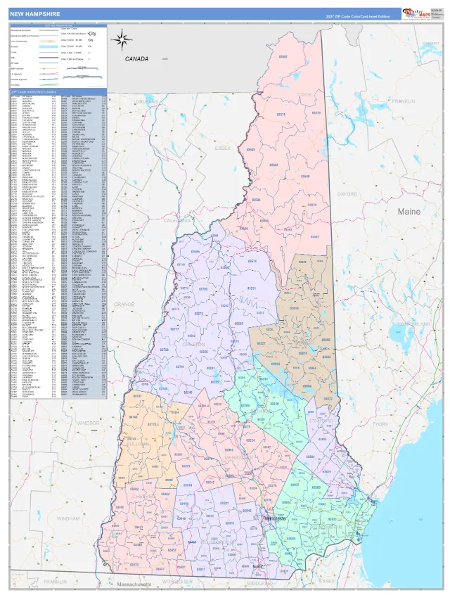 New Hampshire State ZIP Code Wall Map, ColorCast style