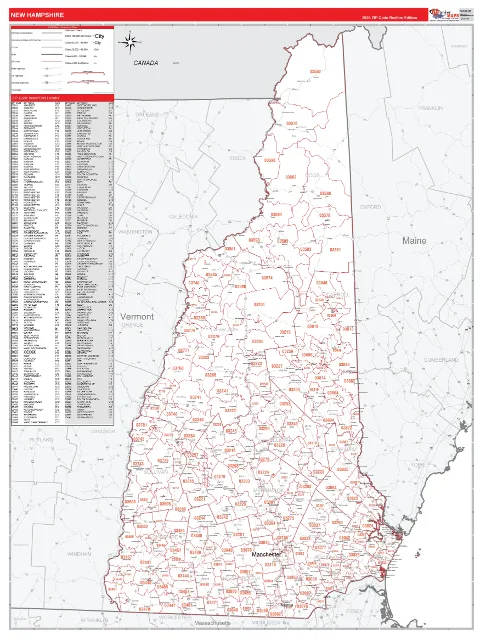 New Hampshire ZIP Code wall map in the RedLine Style