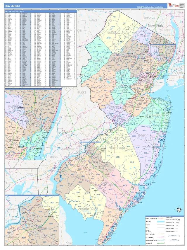 New Jersey State ZIP Code Wall Map, ColorCast style