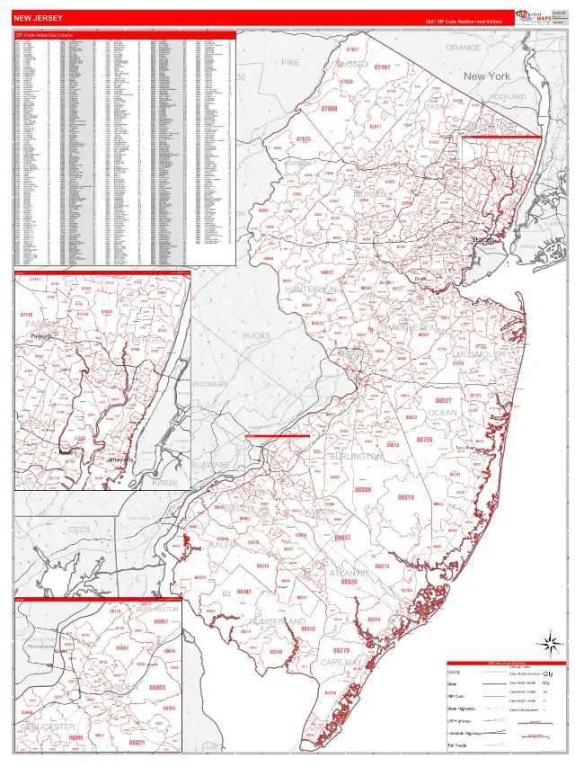 New Jersey State ZIP Code Wall Map, RedLine style