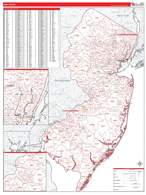 New Jersey ZIP Code wall map in the RedLine Style