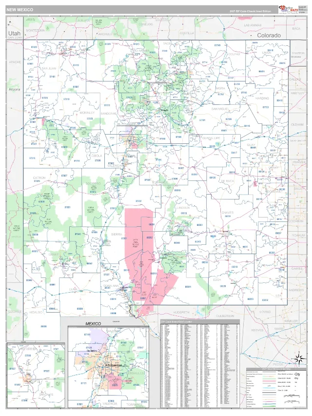 New Mexico State ZIP Code Wall Map, Classic style