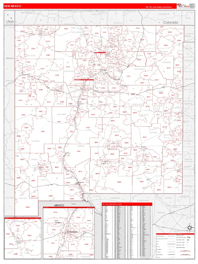 New Mexico State ZIP Code Wall Map, RedLine style