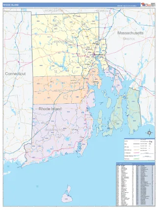 Rhode Island ColorCast style ZIP Code wall map