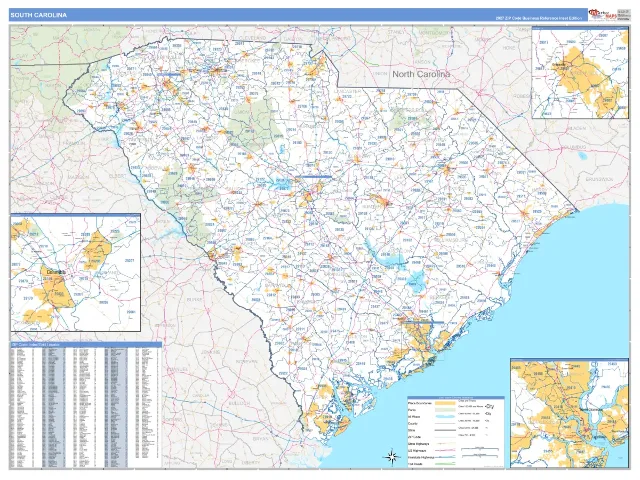 South Carolina State ZIP Code Wall Map, Business Reference style
