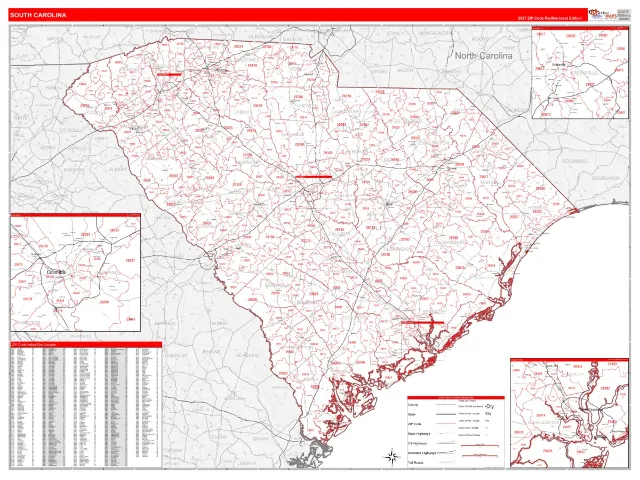 South Carolina State ZIP Code Wall Map, RedLine style