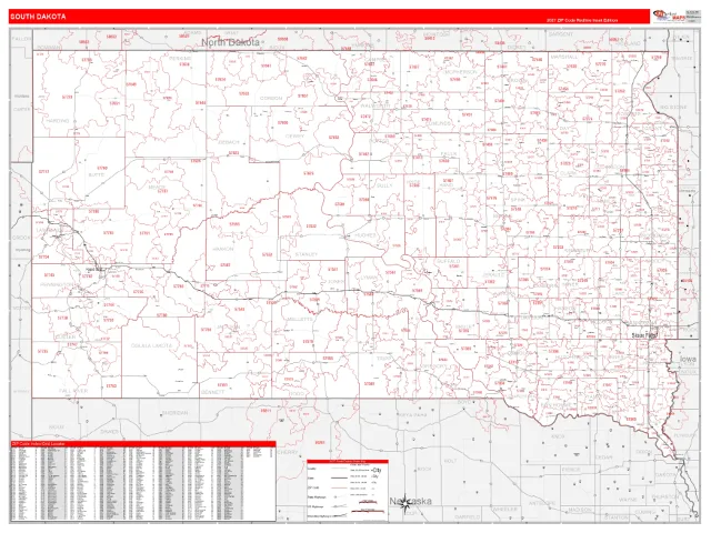 South Dakota State ZIP Code Wall Map, RedLine style