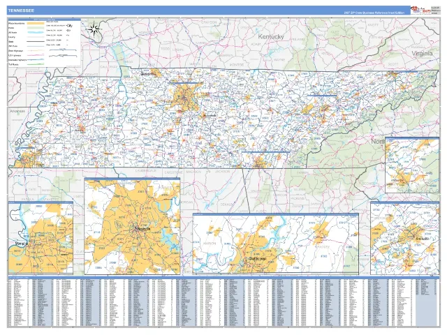 Tennessee State ZIP Code Wall Map, Business Reference style