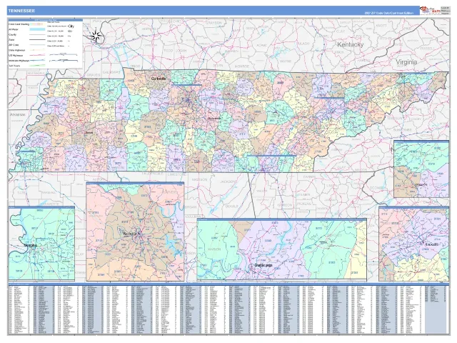 Tennessee State ZIP Code Wall Map, ColorCast style