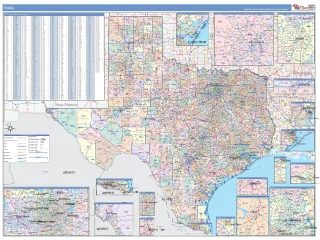 Texas ColorCast style ZIP Code wall map